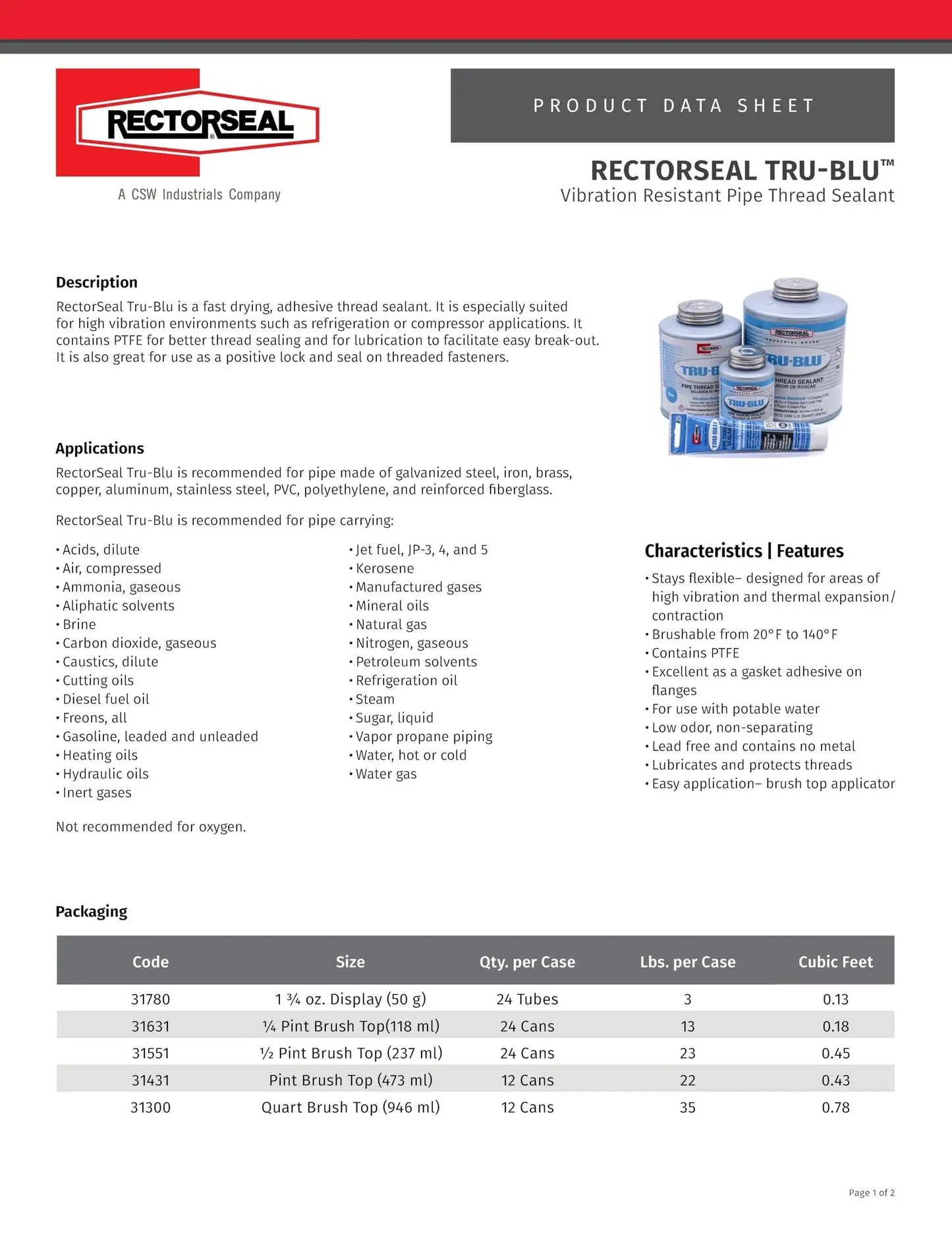 Fast Drying PTFE Pipe Thread Sealant For High Vibration Plumbing And Hoses Tru Blu 31551 packaging and product details sheet