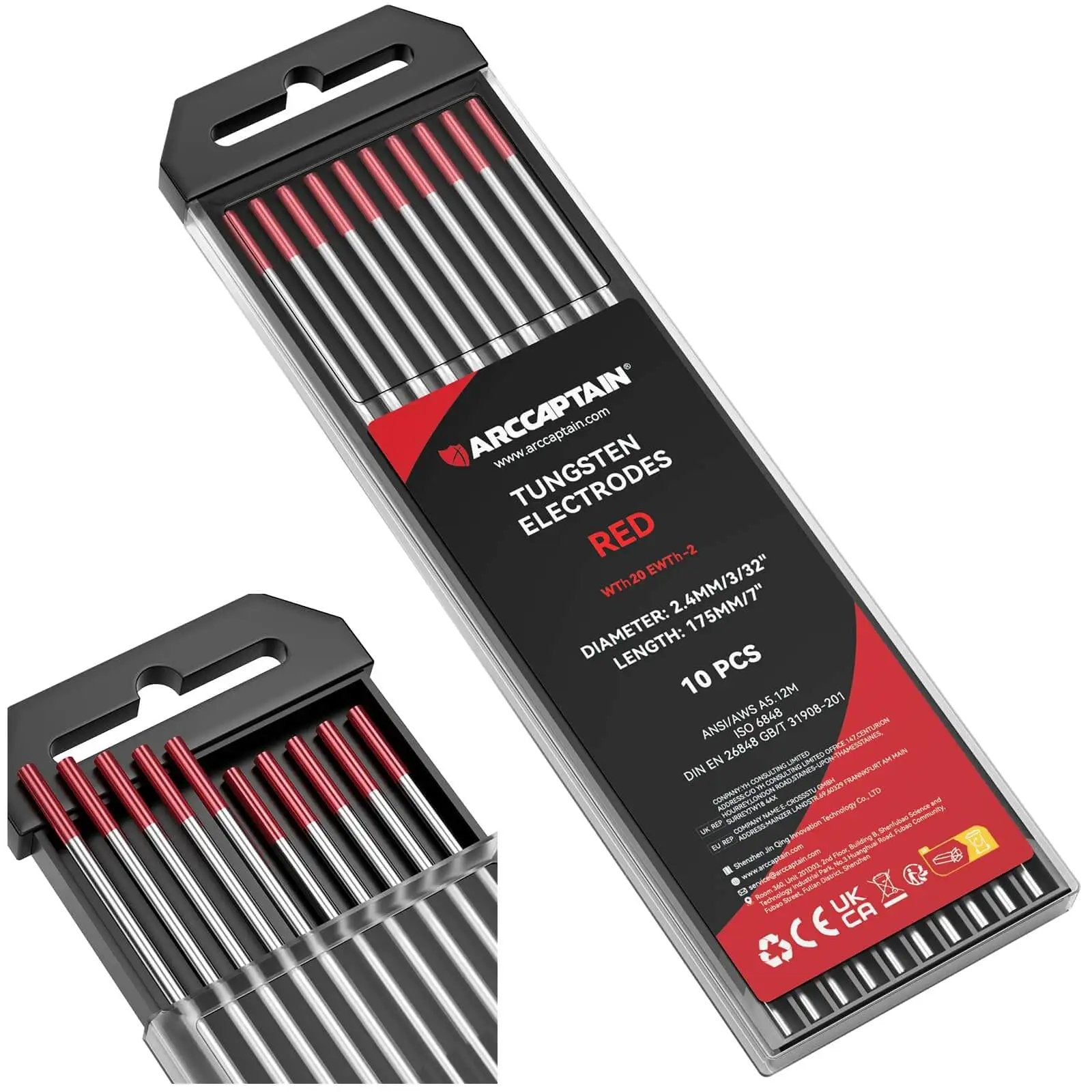 Red 3 32nd Inch TIG Tungsten Electrodes 7 Inch 10 Pack WT20 EWth 2 For TIG Welding AWS A5 12M EN 26848 Compliance in packaging