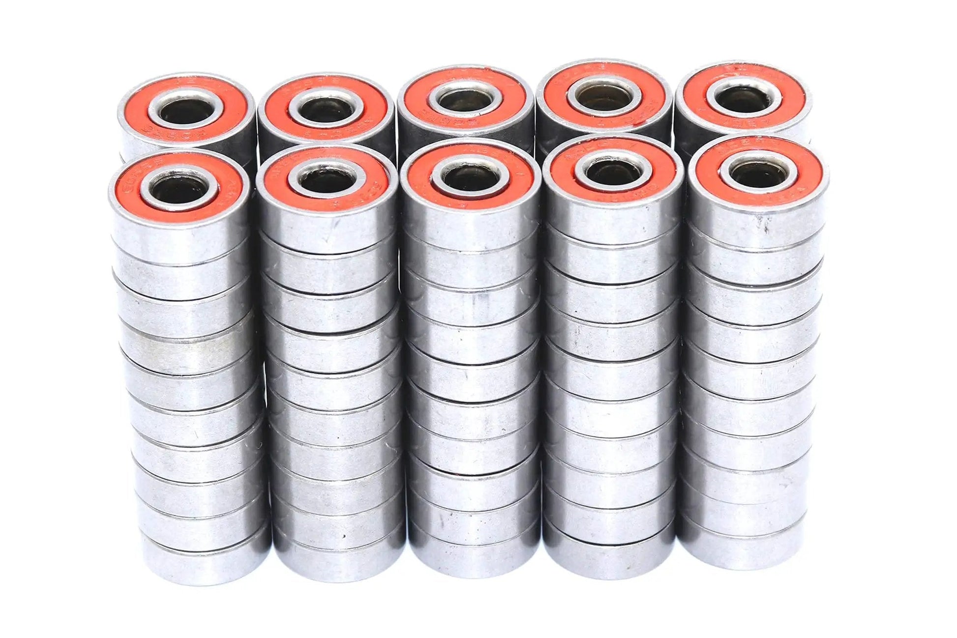Quiet 608RS Skateboard Bearings Red 100 Pack Low Noise High Precision 8x22x7mm stacked view with red shielded design