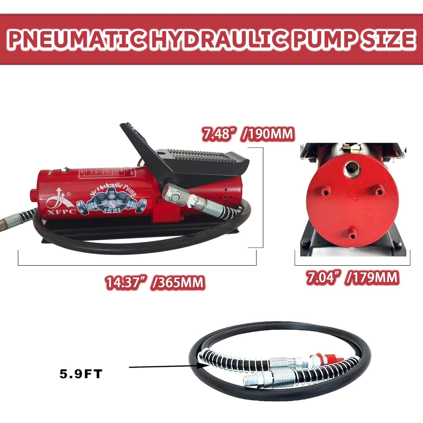 Air Hydraulic Pump 0.45 Gal 10,000 PSI Reservoir NPT 3/8" Oil Outlet, NPT 1/4" Inlet, red aluminum foot pump with hose dimensions.