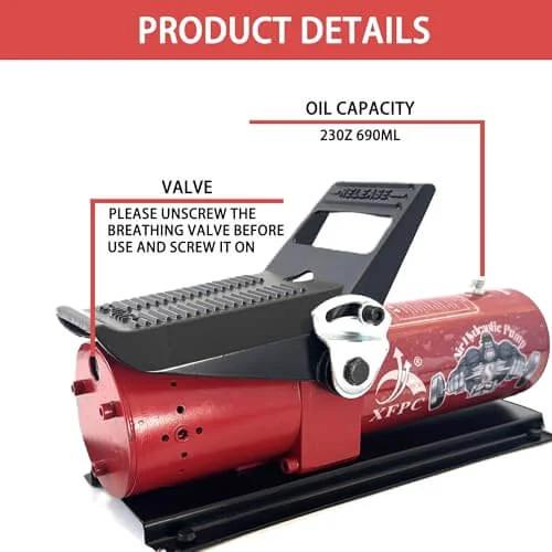 Air Hydraulic Pump 0.45 Gal 10,000 PSI Reservoir NPT 3/8" Oil Outlet, NPT 1/4" Inlet, showing valve and oil capacity, red