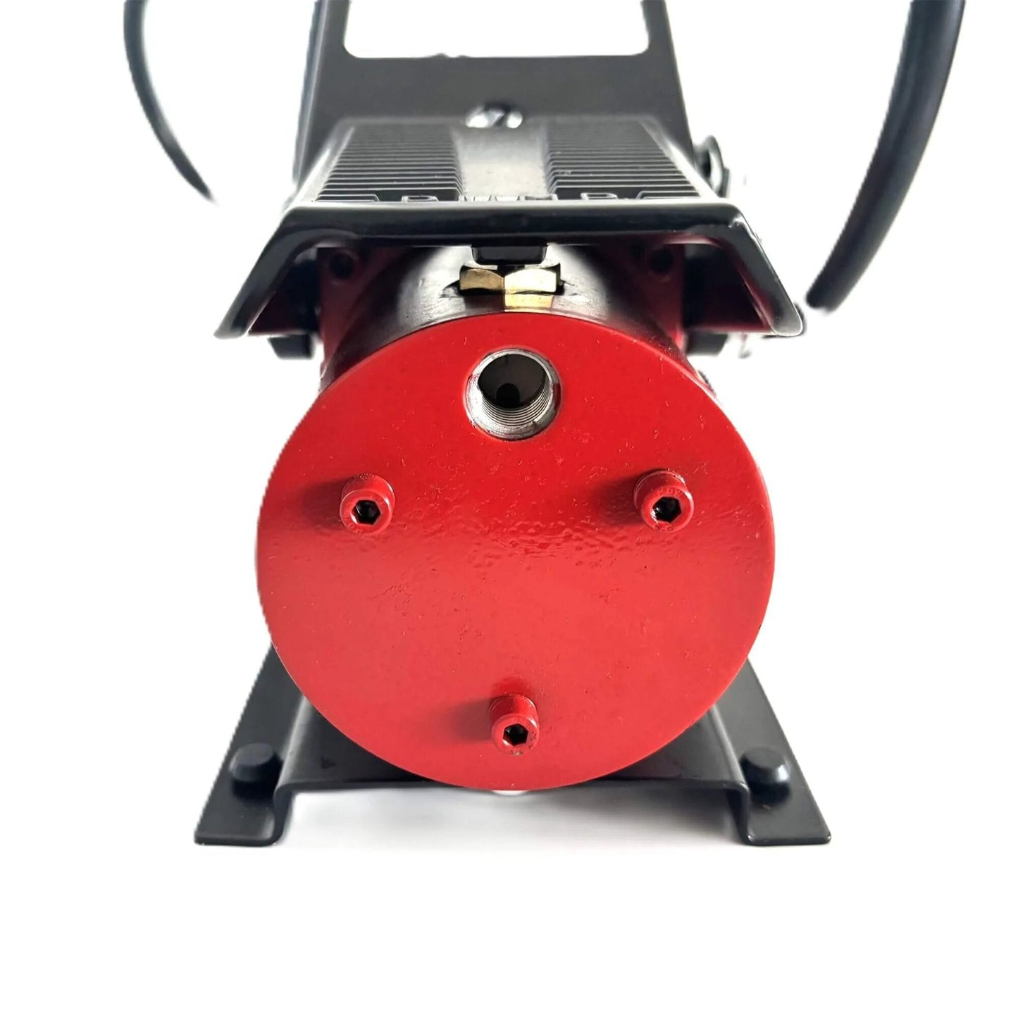 Front view of red Air Hydraulic Pump 0.45 Gal 10,000 PSI Reservoir NPT 3/8" Oil Outlet, NPT 1/4" Inlet, foot-operated, aluminum body.