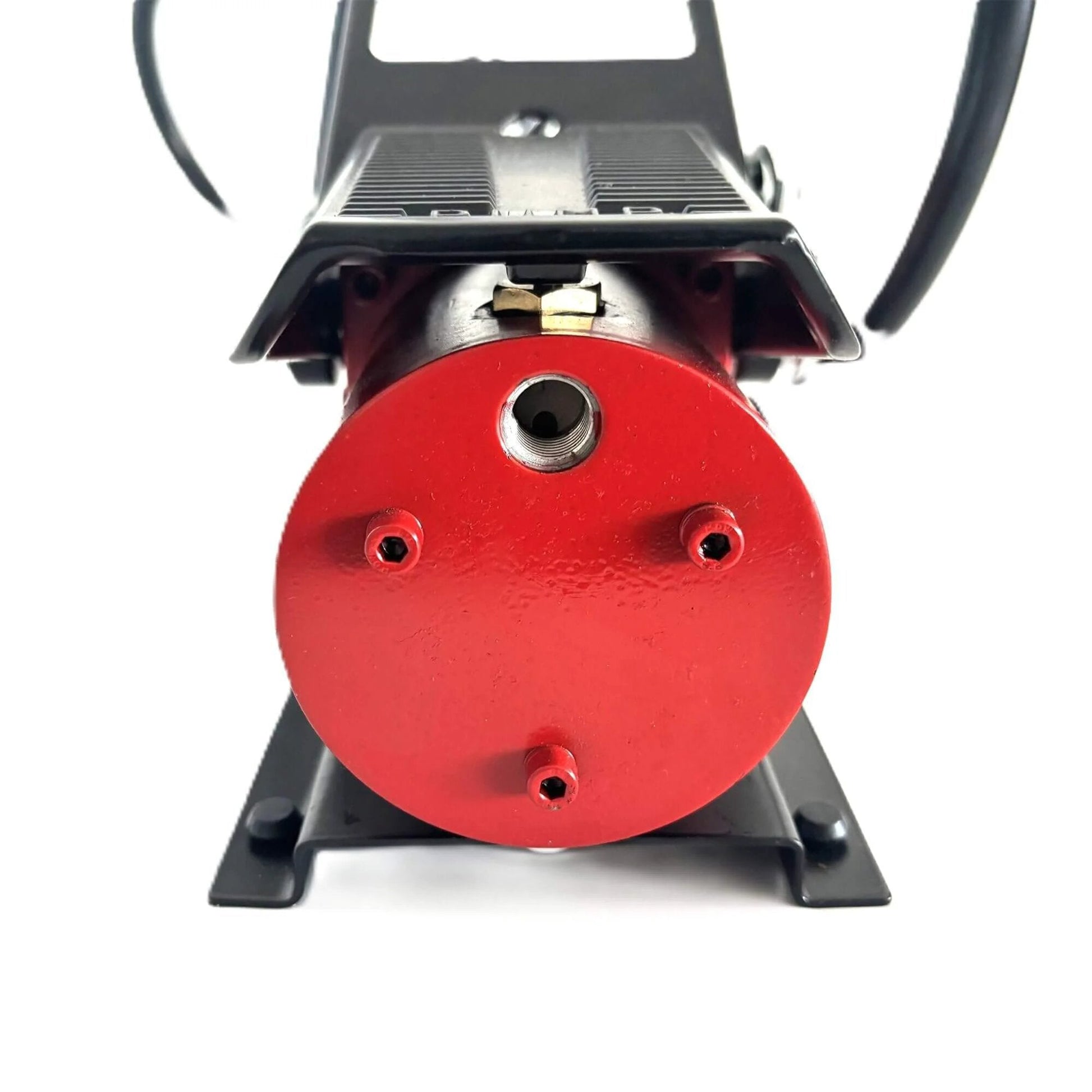 Front view of red Air Hydraulic Pump 0.45 Gal 10,000 PSI Reservoir NPT 3/8" Oil Outlet, NPT 1/4" Inlet, foot-operated, aluminum body.