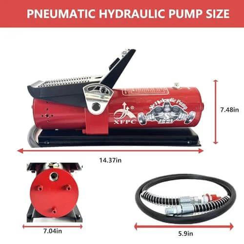 Air Hydraulic Pump 0.45 Gal 10,000 PSI Reservoir NPT 3/8" Oil Outlet, NPT 1/4" Inlet, side view dimensions, red aluminum foot pump