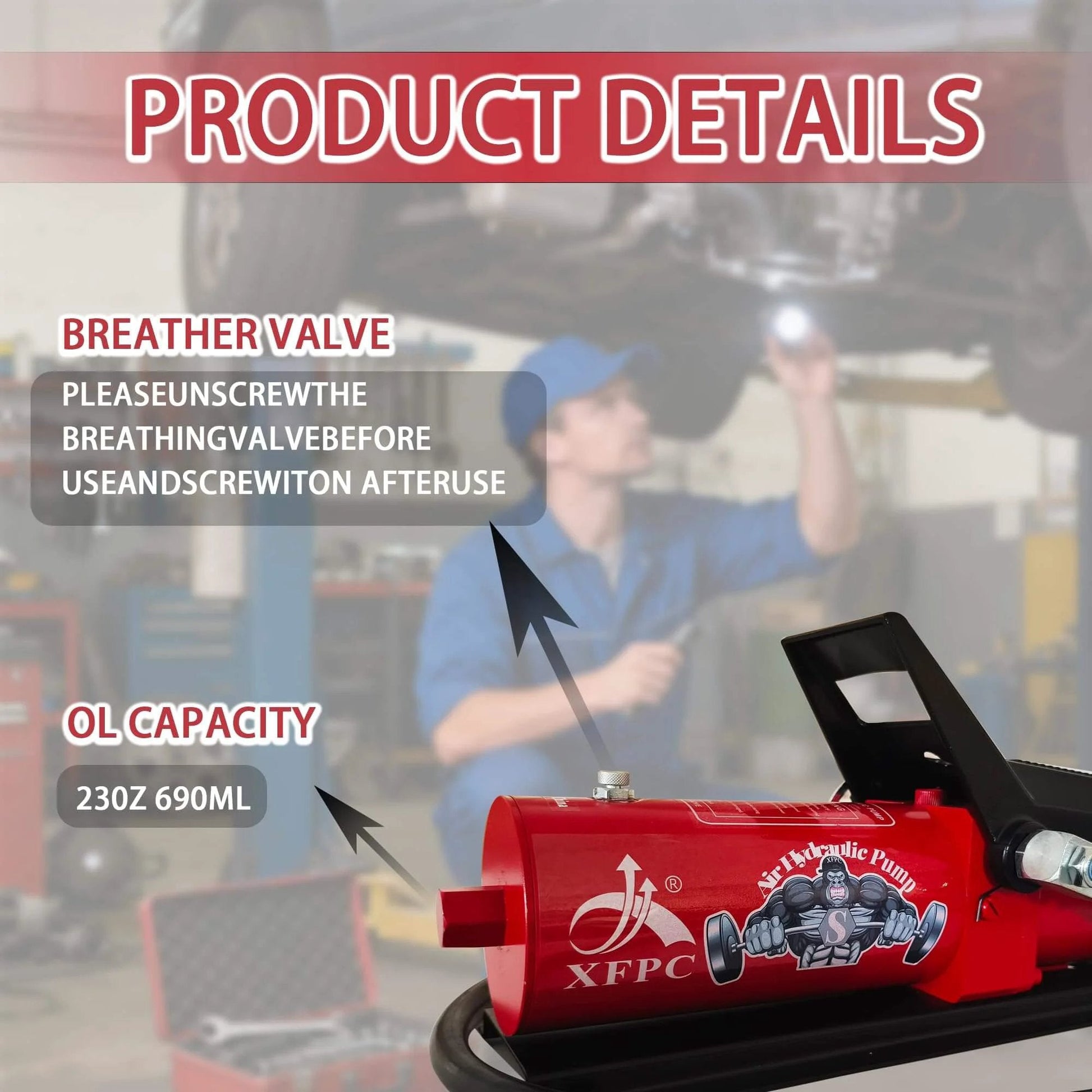 Air Hydraulic Pump 0.45 Gal 10,000 PSI Reservoir NPT 3/8" Oil Outlet, NPT 1/4" Inlet in a workshop setting, focus on breather valve.