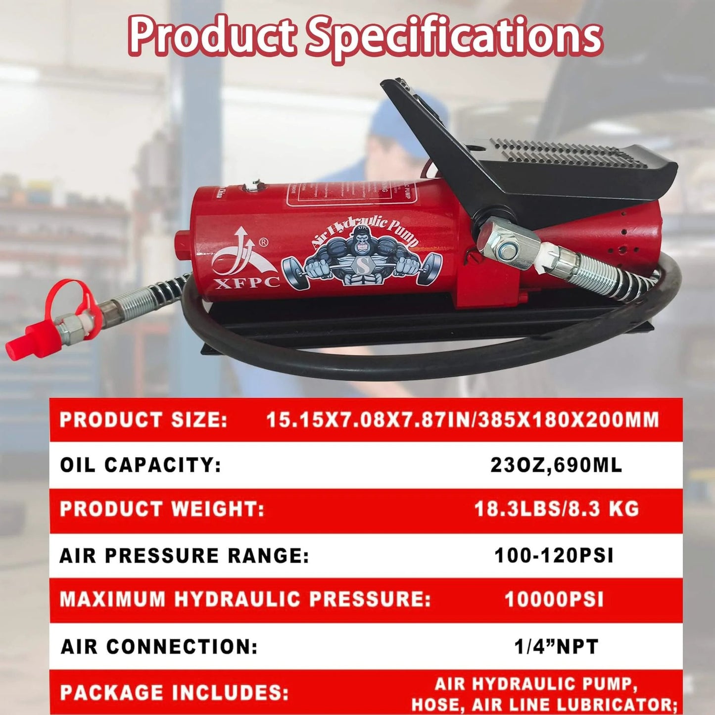 Air Hydraulic Pump 0.45 Gal 10,000 PSI Reservoir NPT 3/8" Oil Outlet, NPT 1/4" Inlet, Air Hydraulic Foot Pump Made of Aluminum with specs list