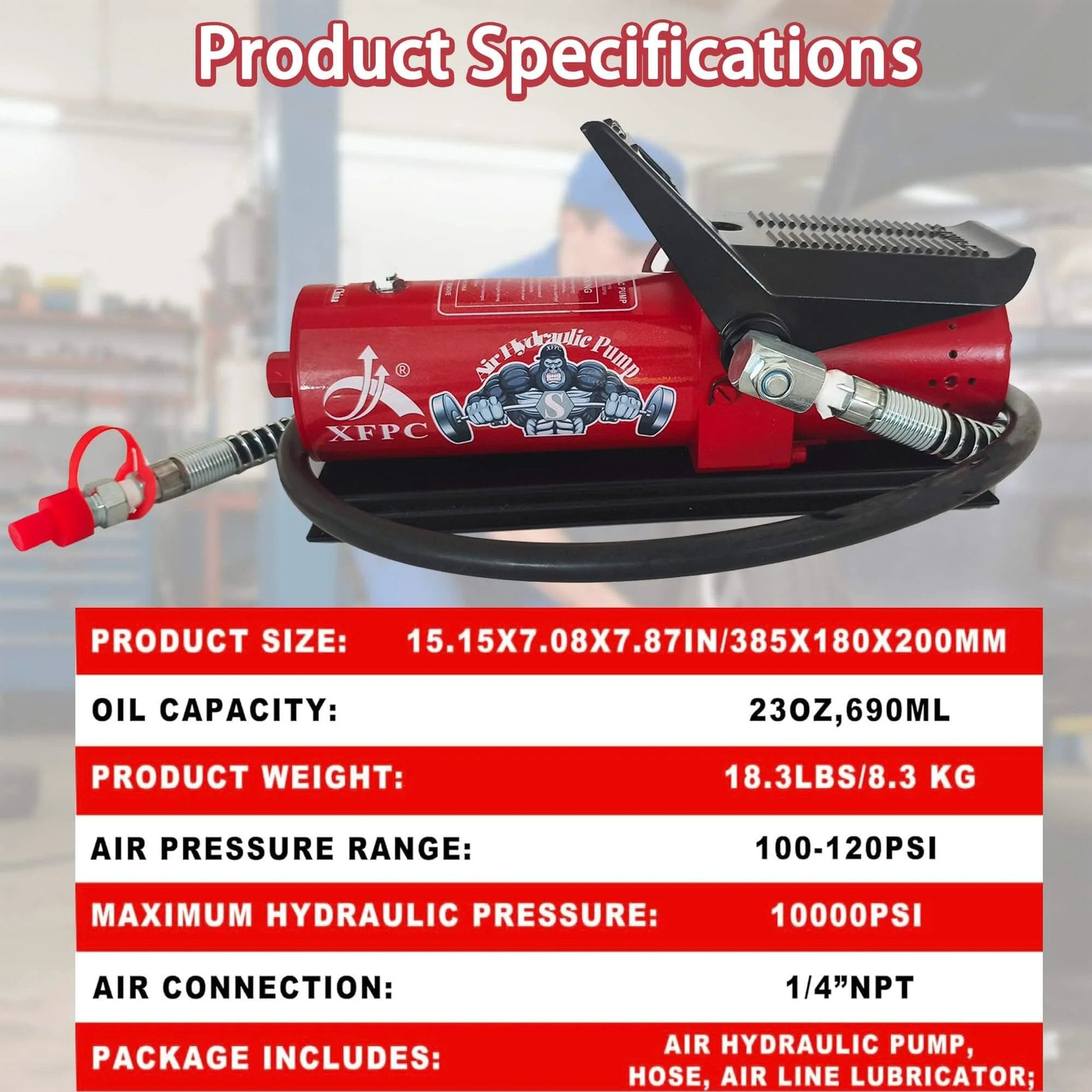 Air Hydraulic Pump 0.45 Gal 10,000 PSI Reservoir NPT 3/8" Oil Outlet, NPT 1/4" Inlet, Air Hydraulic Foot Pump Made of Aluminum with specs list