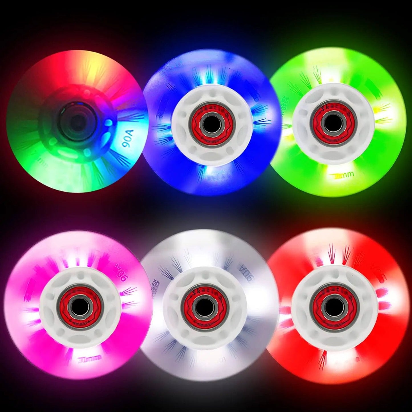 Luminescent Inline Skate Wheels 80mm And 76mm With ABEC 9 Bearings Four Pack Red Glow In The Dark, six colorful glowing wheels.