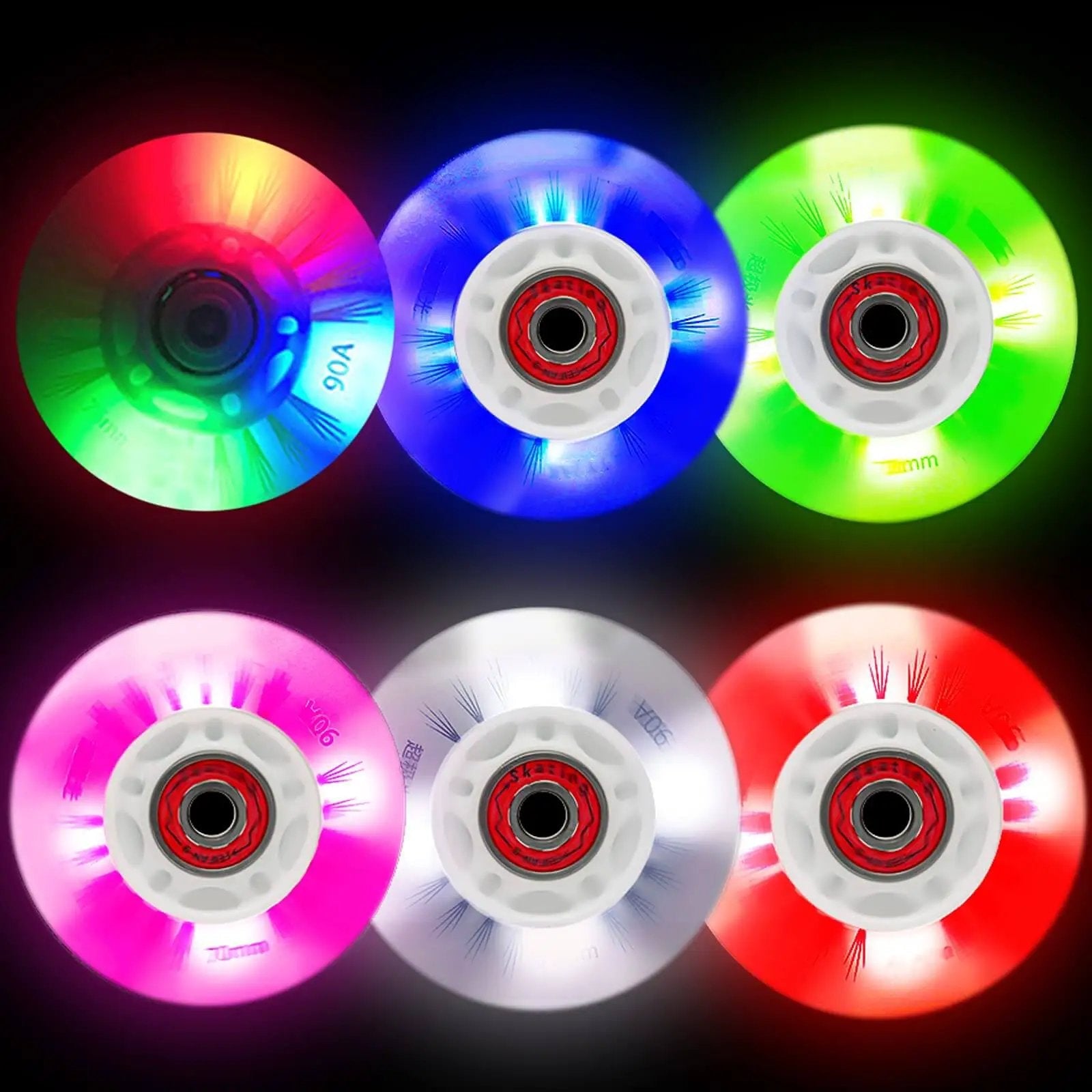 Luminescent Inline Skate Wheels 80mm And 76mm With ABEC 9 Bearings Four Pack Red Glow In The Dark, six colorful glowing wheels.