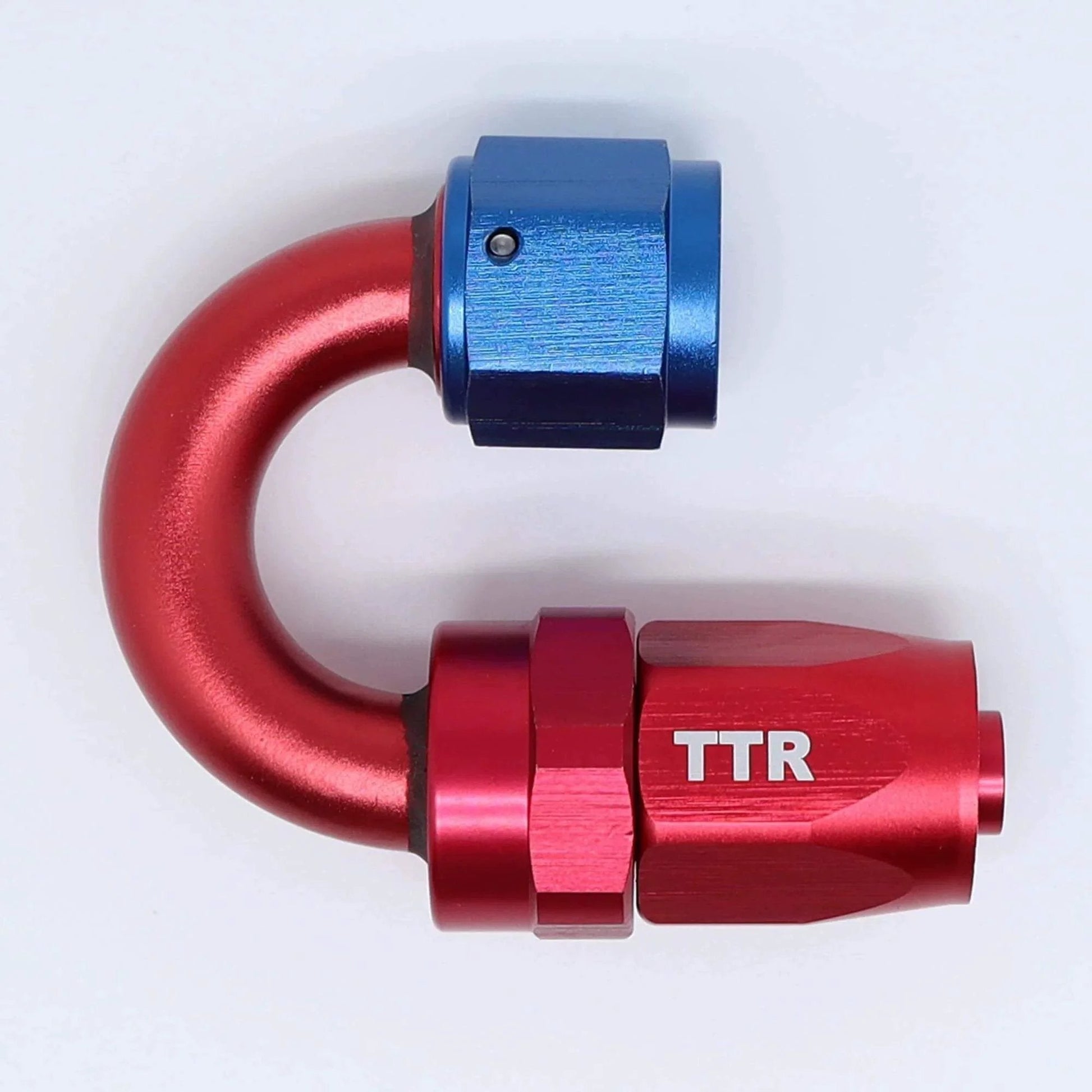 Red and blue swivel fitting for Three Eighth Inch Stainless Steel Braided Fuel Line Hose E85 Compatible Swivel Fittings Kit.
