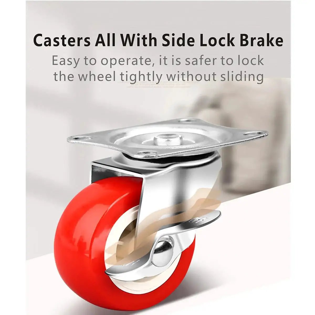 Heavy Duty 1.5 Inch Caster Wheels Set Of 12 With Brakes, Red PVC wheel, steel plate, side lock brake, close-up view