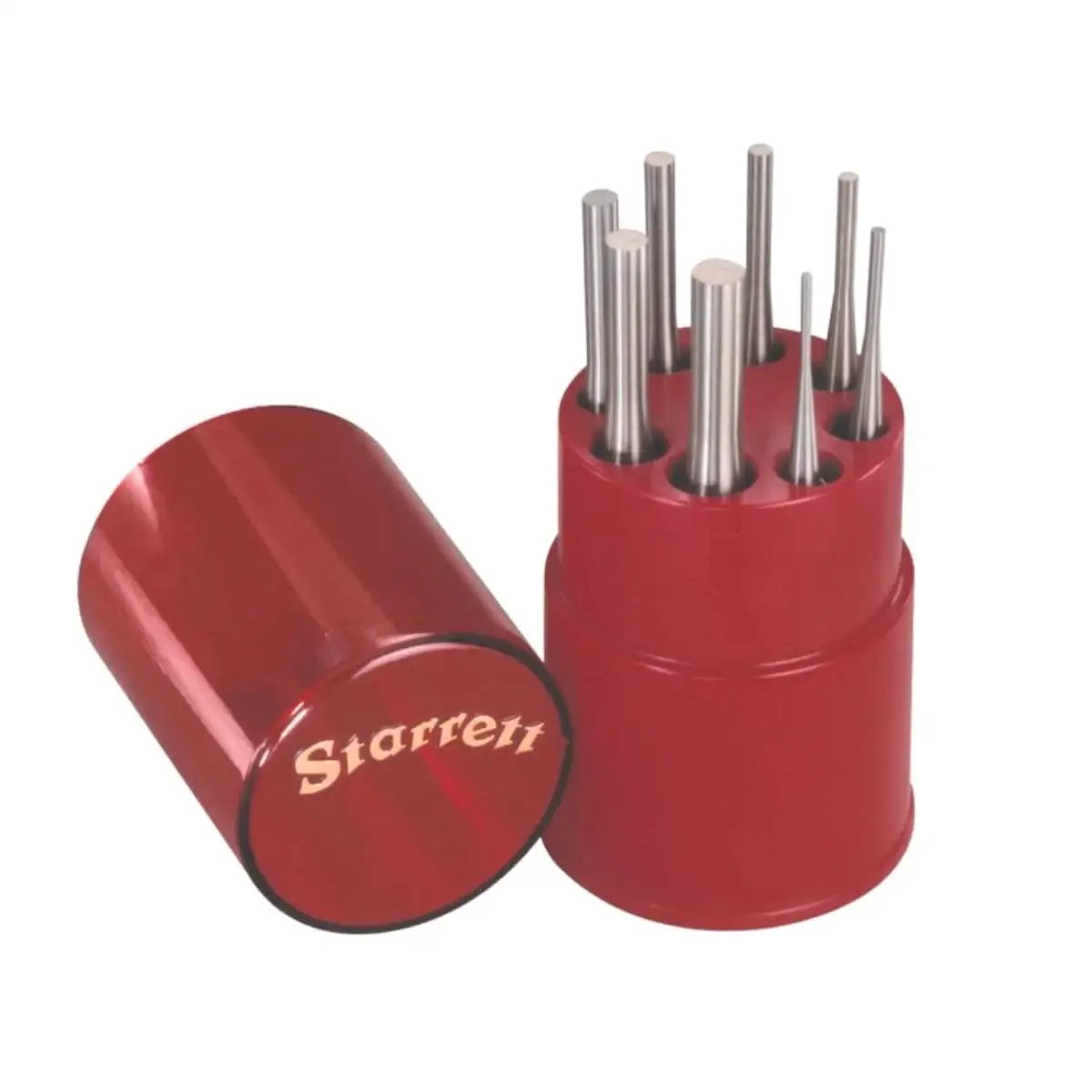 Eight Piece Drive Pin Punch Set with knurled grips in a round red storage box; 4 inch length, diameters from 1/16 to 5/16 inch.