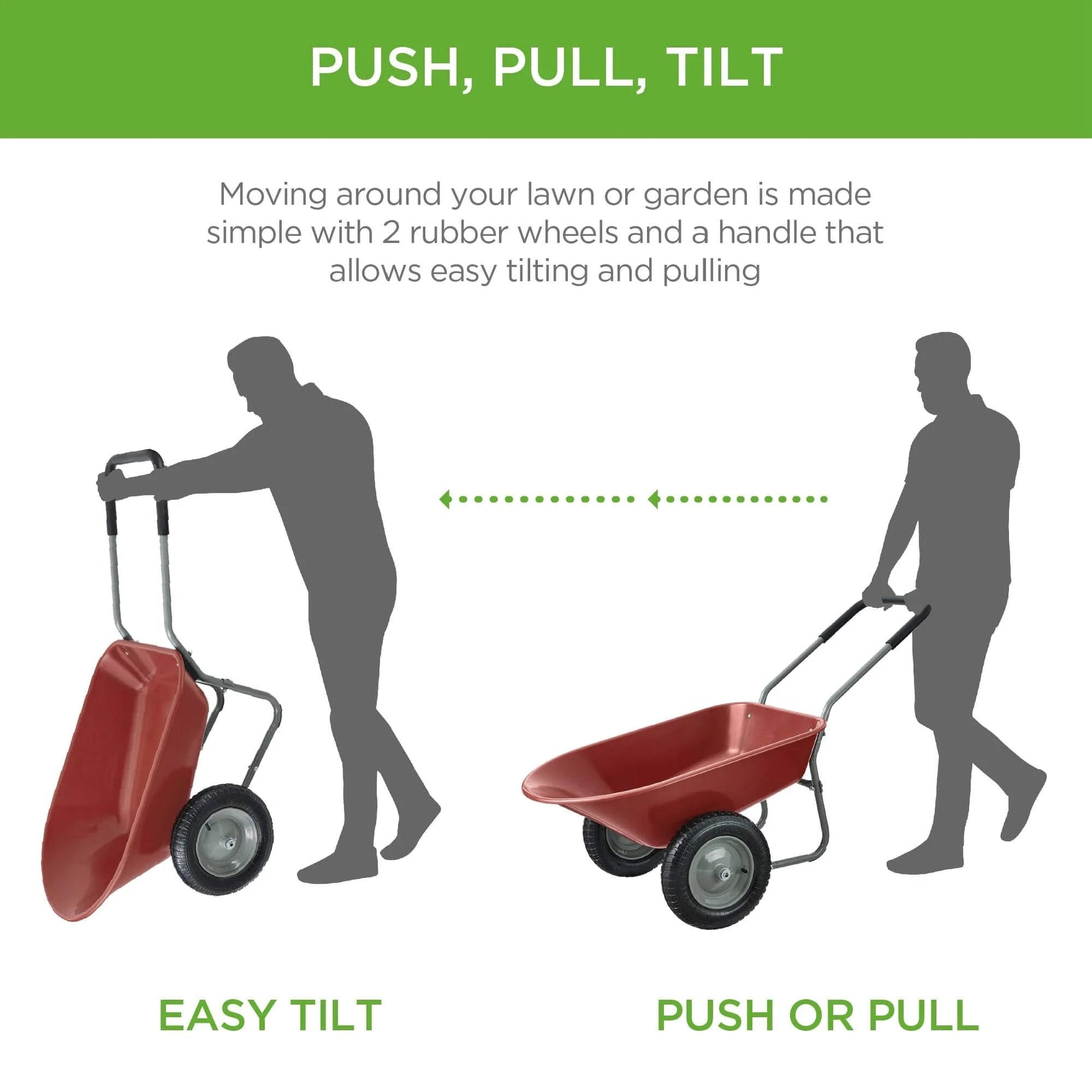Push, pull, tilt features of the Dual Wheel Home Utility Yard Wheelbarrow Garden Cart with Built In Stand, red, in use