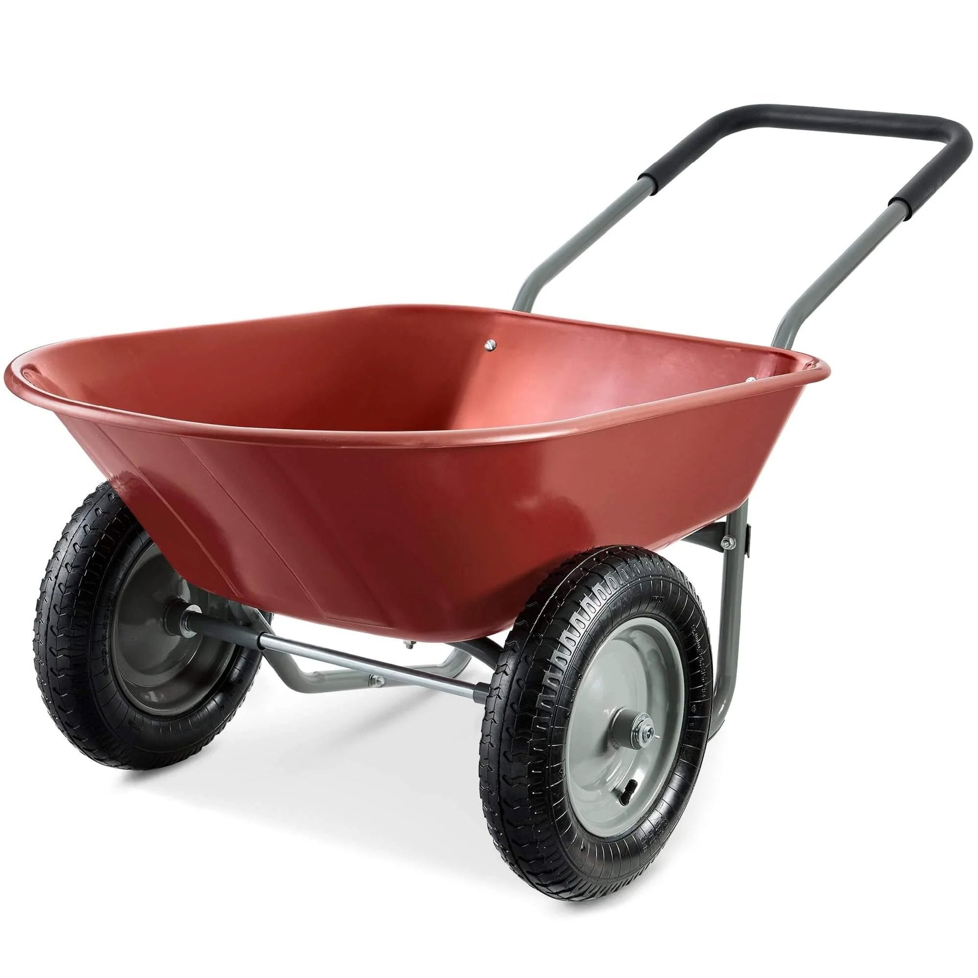 Side view of Dual Wheel Home Utility Yard Wheelbarrow Garden Cart with Built In Stand 5 Cubic Foot Capacity 330 lb Load Red for Lawn Gardening