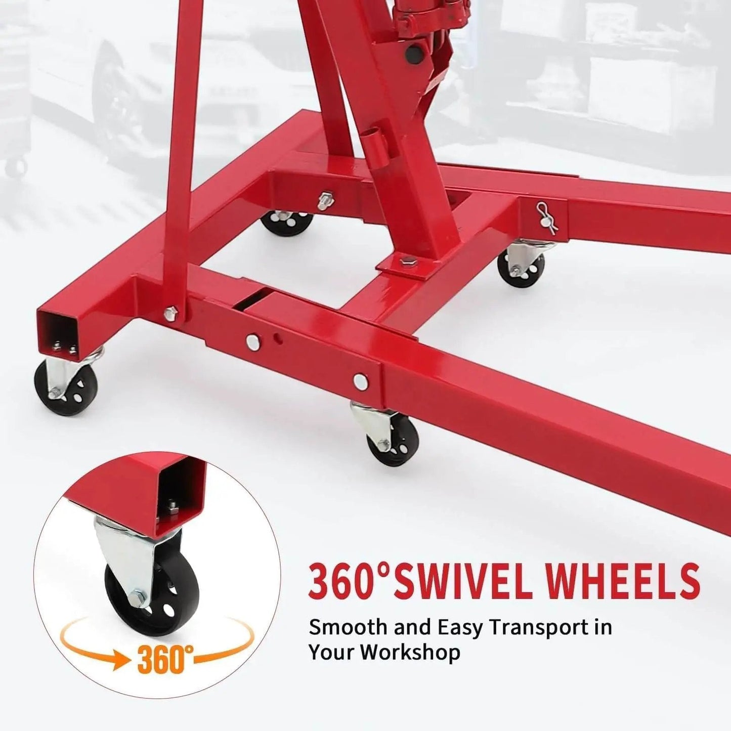 Heavy Duty 2 Ton Folding Hydraulic Engine Hoist With Load Leveler And Adjustable Boom From 0.5 To 2 Tons, 6 Swivel Wheels, 4400 Lbs Capacity, Cherry Picker For Garage, Workshop And Warehouse with red base showing swivel wheels.