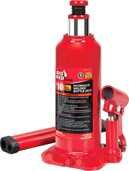 Beefy 10 Ton Hydraulic Bottle Jack By Torin With Welded Construction And Serrated Heat Treated Saddle, 20,000 Lb Capacity Red
