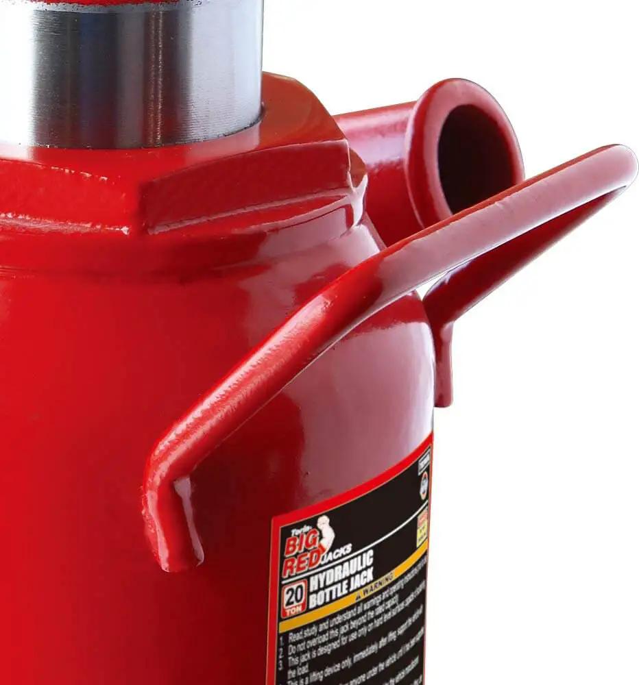 Close-up of Beast Mode Low Profile Hydraulic Bottle Jack Twenty Ton Capacity Stubby Welded Frame With Serrated Saddle Red Finish