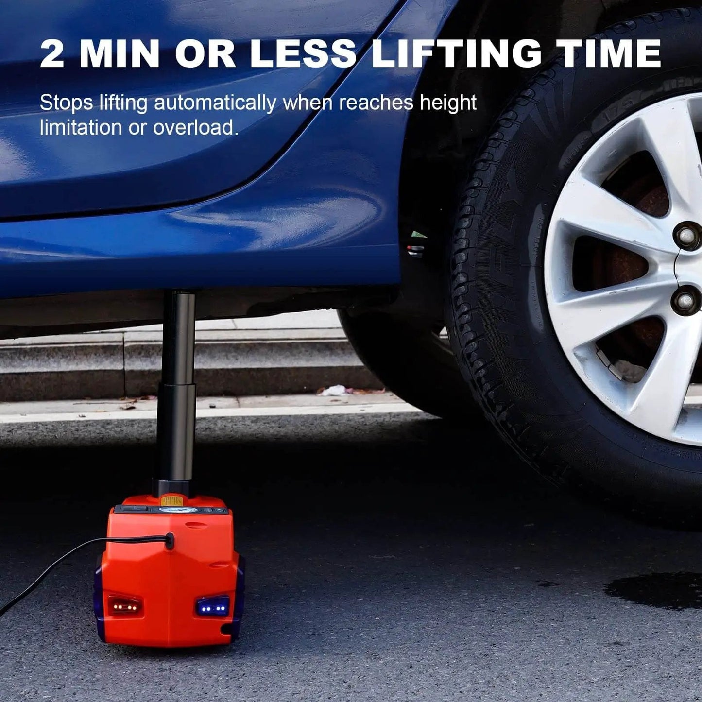 Five Ton Electric Hydraulic Car Jack Kit With LED Light lifting a car, showing red casing and LED illumination for night use