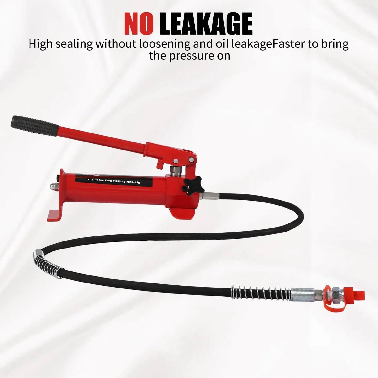 4 Ton Porta Power Hydraulic Hand Pump Jack Ram with Pressure Guage Hose, red manual pump and black hose, side view
