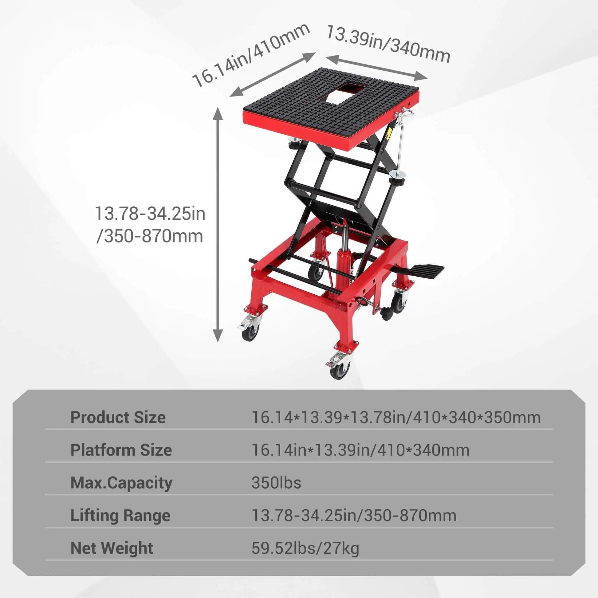 Foot Operated Hydraulic Motorcycle Lift Jack With 350 Lb Capacity, Wide Deck And Locking Wheels, Red Scissor Lift Side View