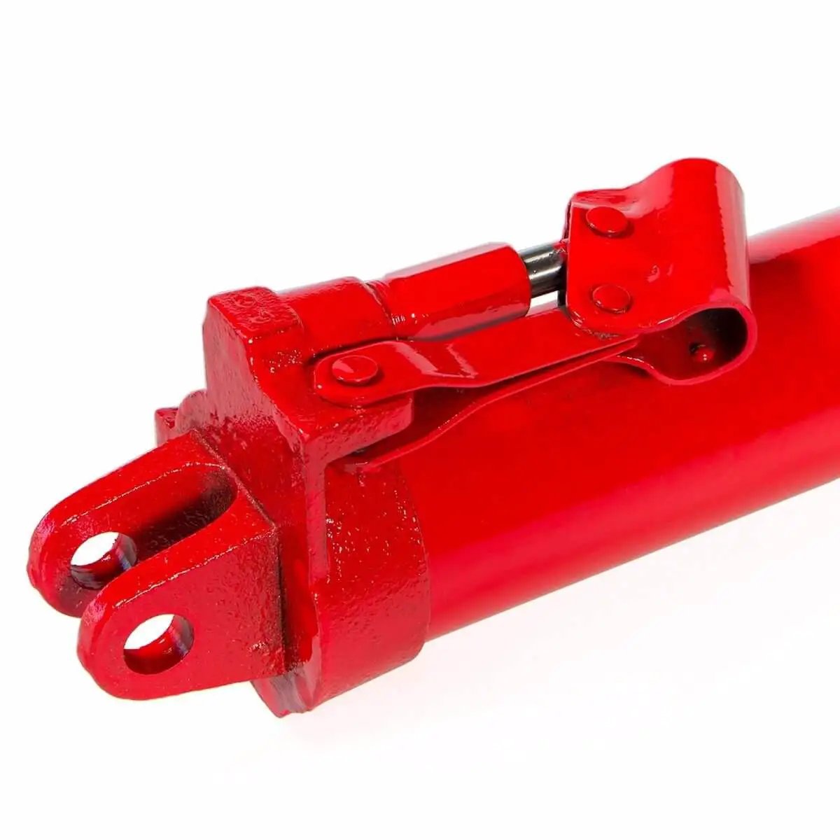 Close-up of red clevis base of BeefedUp 8 Ton Hydraulic Ram Engine Lift Hoist For Garage And Shop Cranes With Long Ram