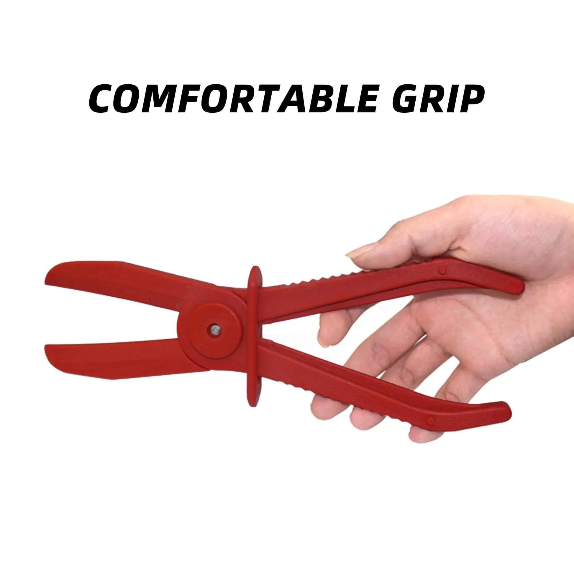 Plastic Insulated Hose Clamp Pliers, red and heat-resistant nylon, held in hand showing comfortable grip design for automotive hoses.