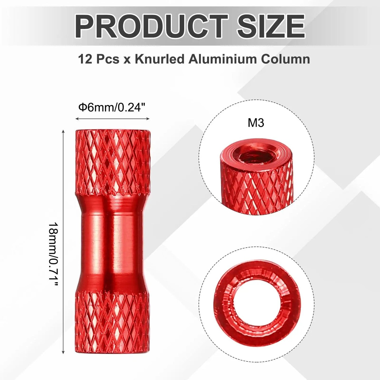 Red 12 Pack M3 X 18mm Knurled Aluminum Standoff Double Head Spacer Columns For FPV Drones RC Cars Airplanes And Sim Racing DIY Electronics Motherboard Mounting, shown with detailed dimensions and threading.