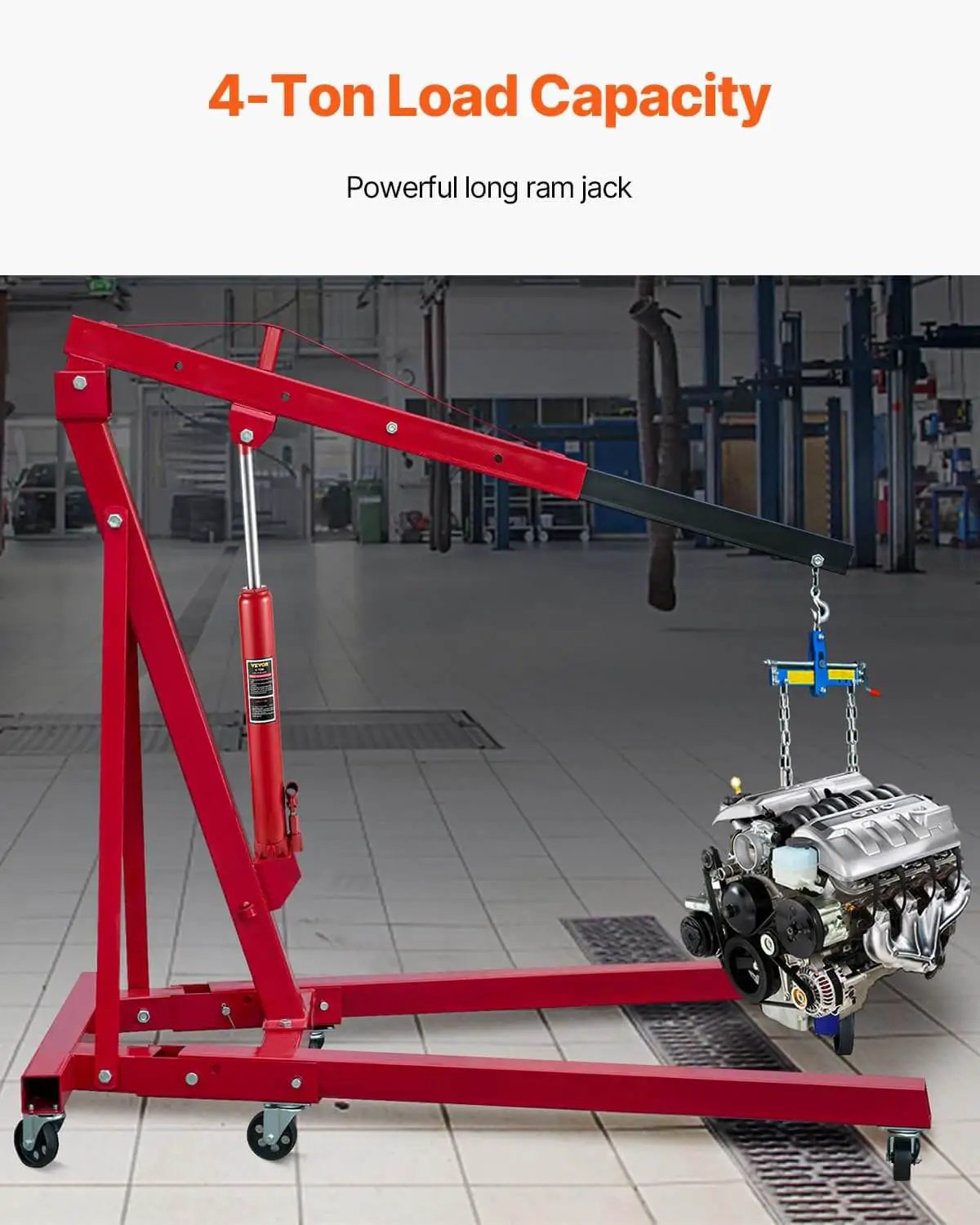 Heavy Duty 4 Ton Long Ram Hydraulic Jack With 8818 Lb Capacity For Engine Hoist And Garage Lifts, in red, lifting engine