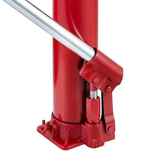 Close-up of Heavy Duty 4 Ton Long Ram Hydraulic Jack With 8818 Lb Capacity For Engine Hoist And Garage Lifts, red finish, flat base.