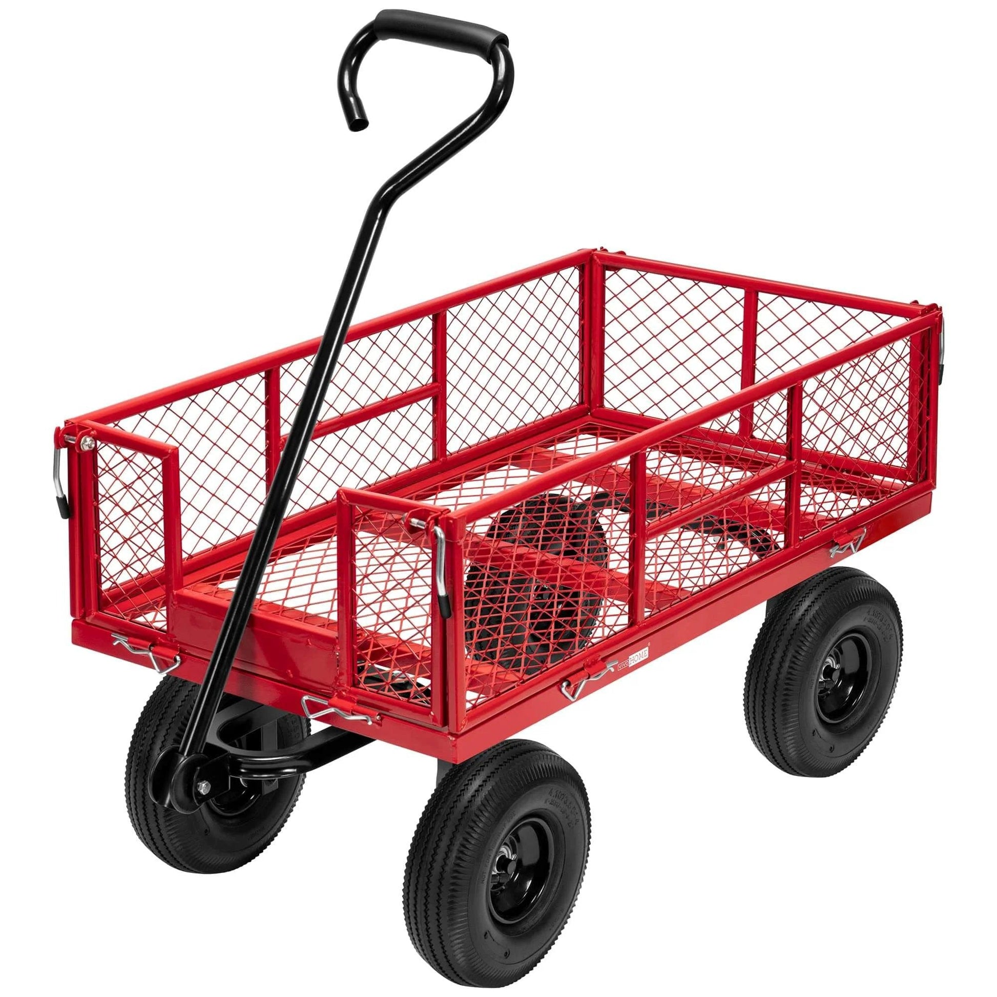 Heavy Duty Mesh Steel Garden Cart Folding Utility Wagon with 880 Lb Capacity, Red, side view showing removable sides and 10 inch wheels.