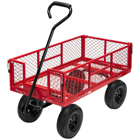 Heavy Duty Mesh Steel Garden Cart Folding Utility Wagon with 880 Lb Capacity, Red, side view showing removable sides and 10 inch wheels.