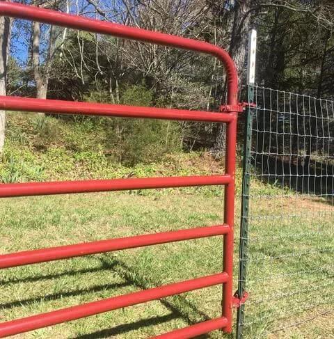 Farm gate with Patented T Post Hinge Pins for easy hanging from metal T posts, installed on a fence, showing red gate and hinge connection.