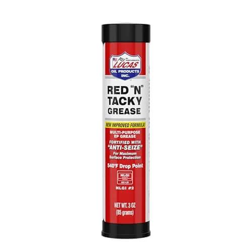 Front view of Lucas Oil 10318 Red N Tacky Grease 3 Ounce Combo Pack, red tube with product label and specifications visible.