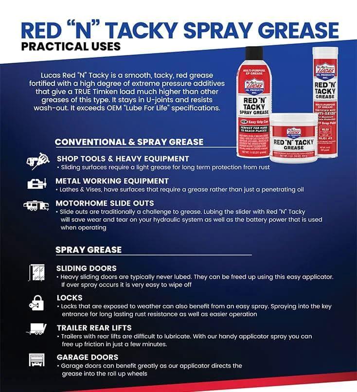 Lucas Oil 10318 Red N Tacky Grease 3 Ounce Combo Pack promotional display with product benefits and applications.