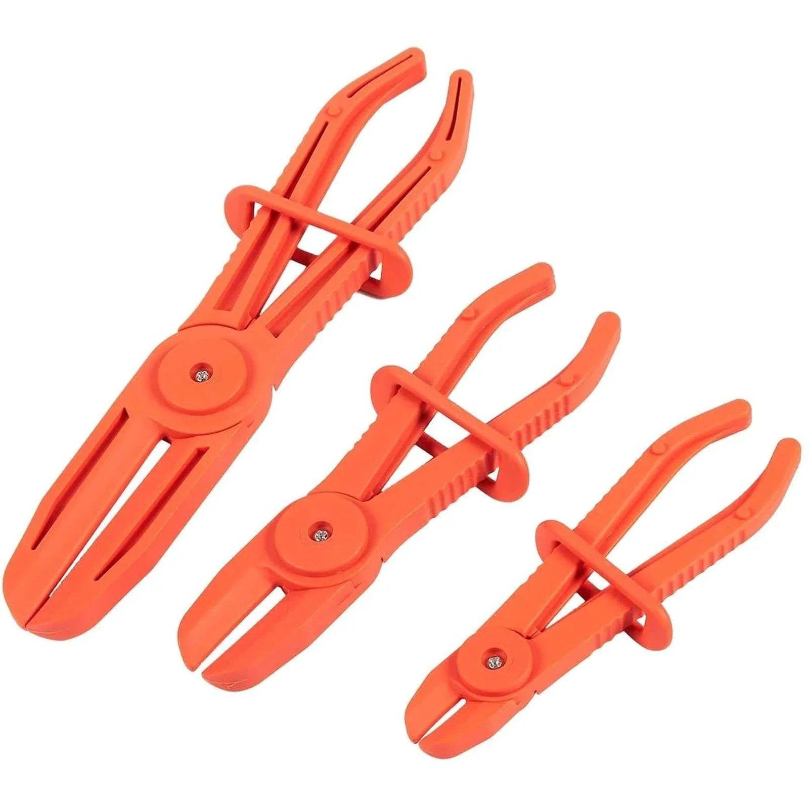 Three Pack Hose Pinch Off Pliers In Red Nylon For Automotive Fuel Line Clamps And Brake Radiator And Coolant Hoses Heat Resistant And Nonconductive Clamp Tool Set For Safe Fluid Line Maintenance shown in three sizes