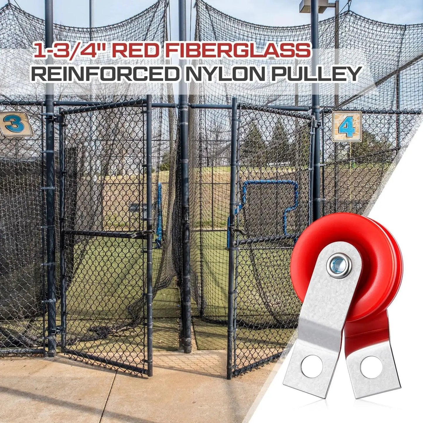 Red fiberglass reinforced nylon pulley pack 50 pieces for baseball batting cage netting cable system replacement parts.