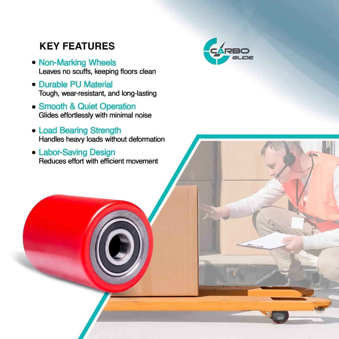 Pallet jack load wheels full set 3 x 3.75 inch with axles and entry exit roller, red polyurethane tread on steel, displayed with box