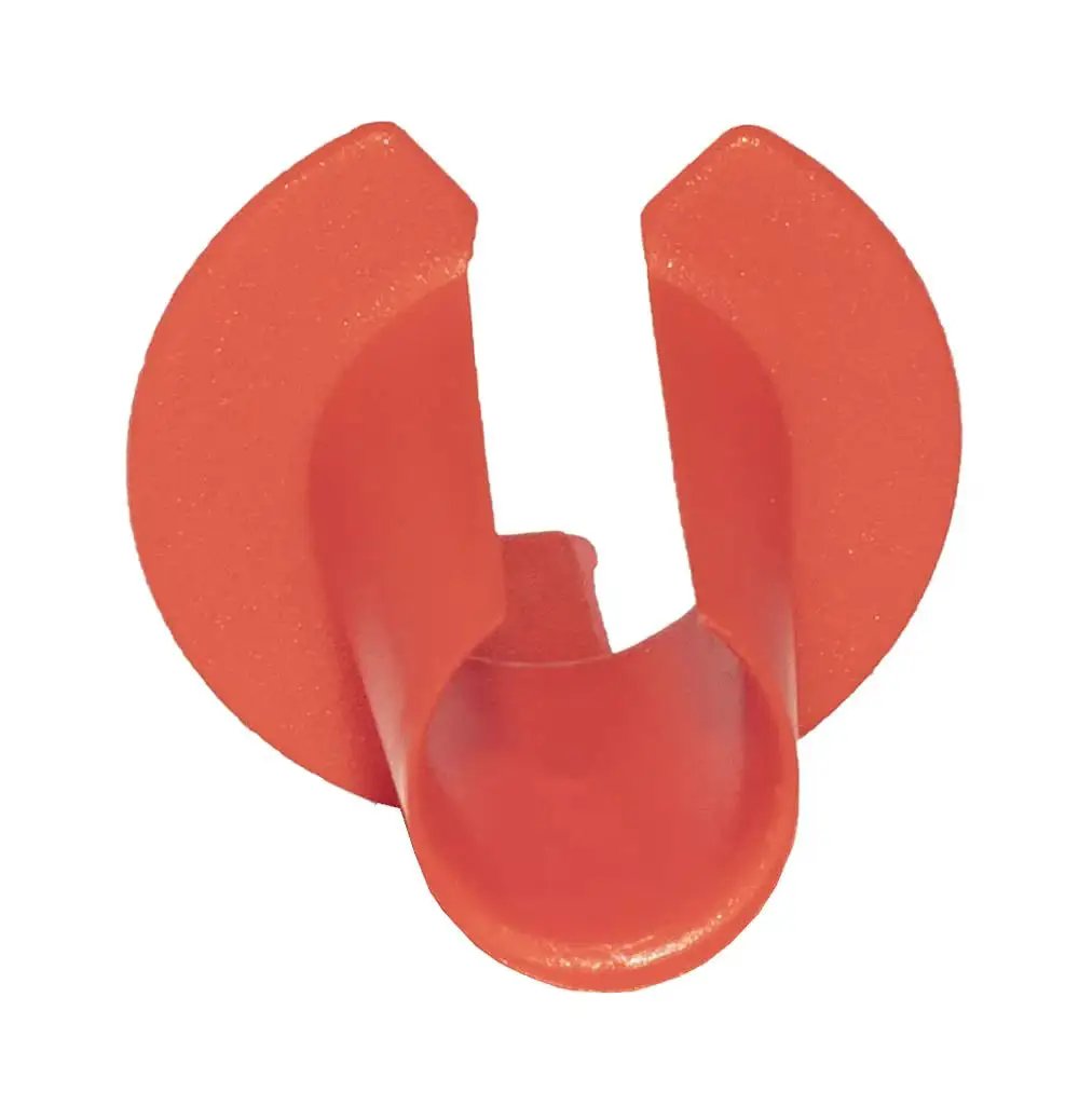 Anti Short Bushings For Flex Conduit ProConnex 02 55037L red plastic fitting, protects conductors from sharp edges, close-up view.