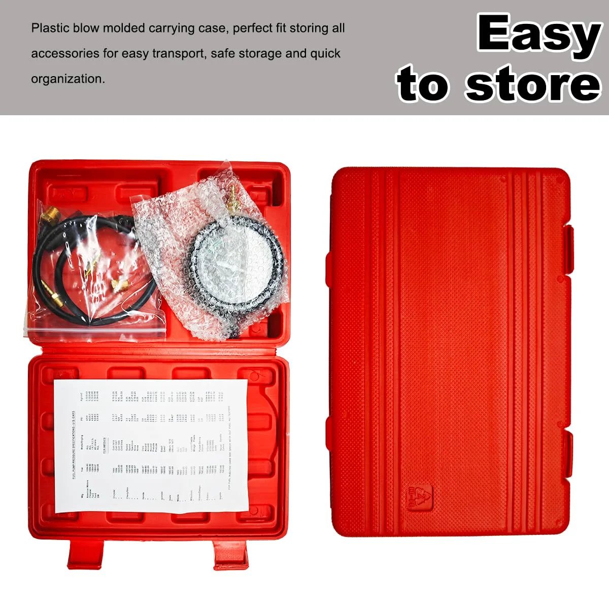 Fuel Pump And Vacuum Tester Gauge Kit For Automotive Engine Fuel System Testing And Carburetor Leakage Diagnosis in red carrying case.