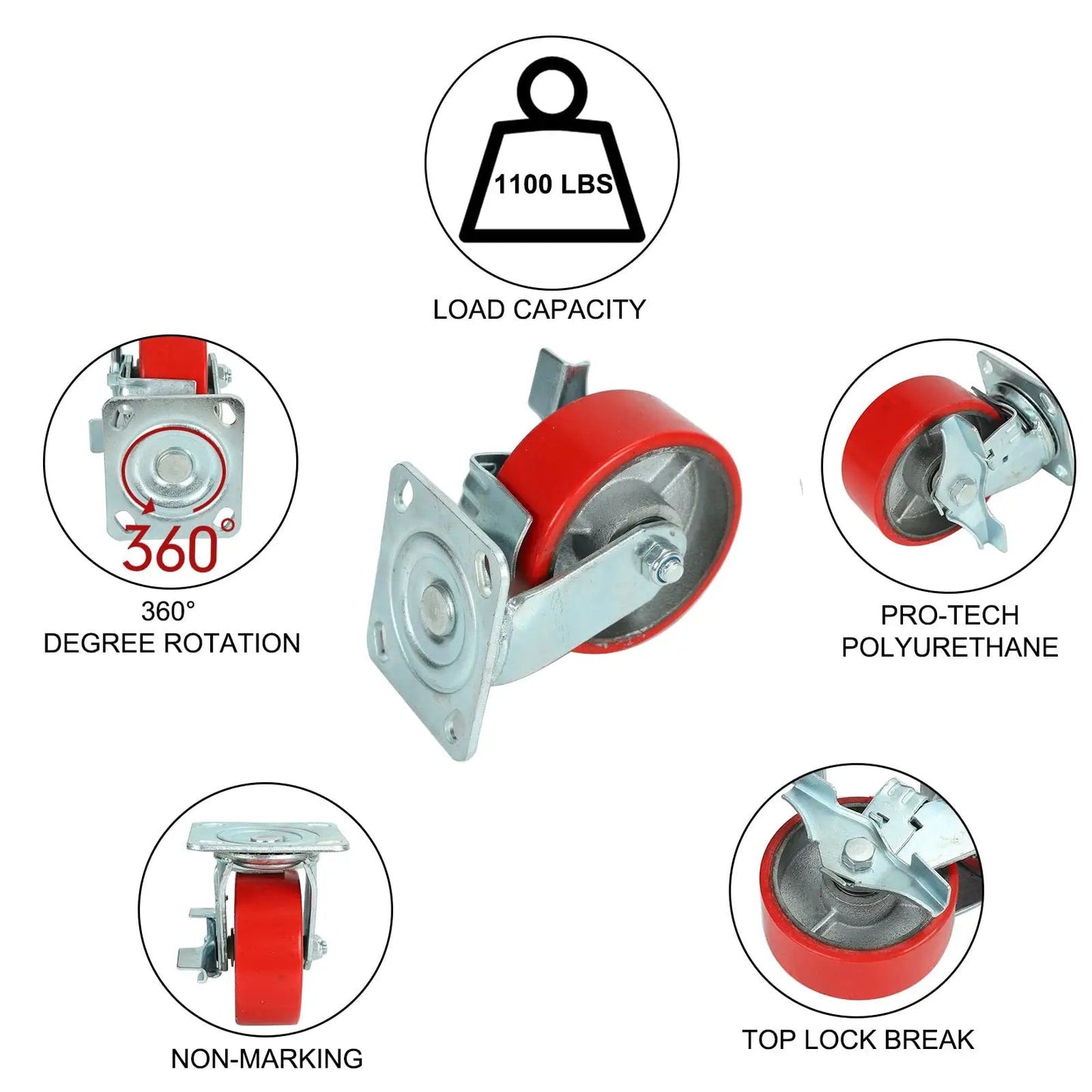 5 Inch By 2 Inch Swivel Polyurethane Wheels Heavy Duty Casters Set Of 4 With Top Lock Brake, load capacity 1100 lbs, red wheels