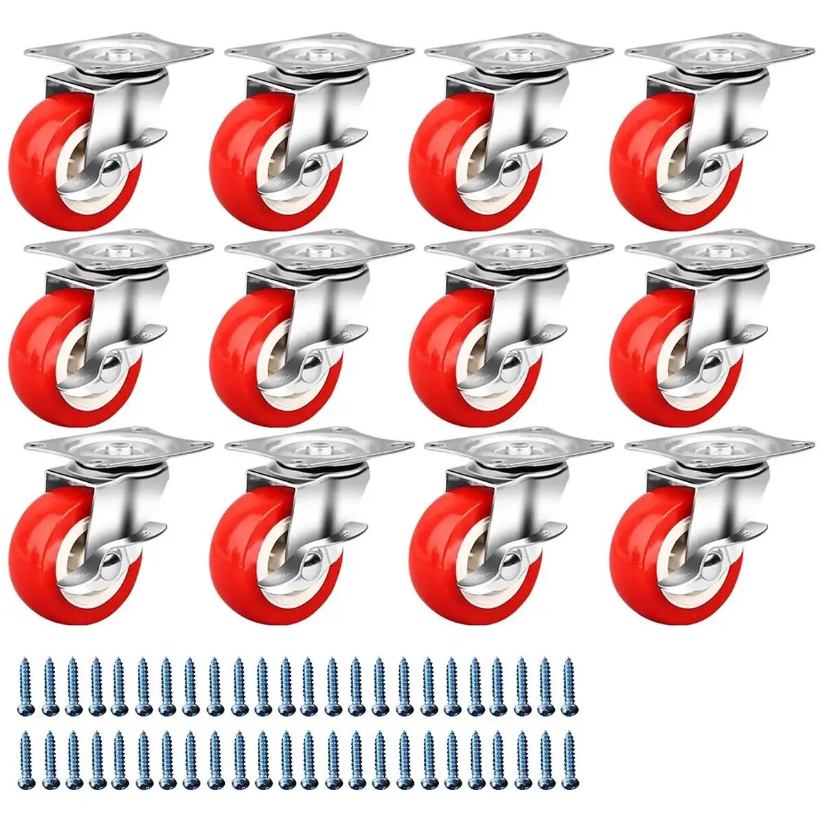 Heavy Duty 1.5 Inch Caster Wheels Set Of 12 With Brakes, Swivel Locking Casters, Red PVC Wheels, 1.5x1.8 Inch Plate