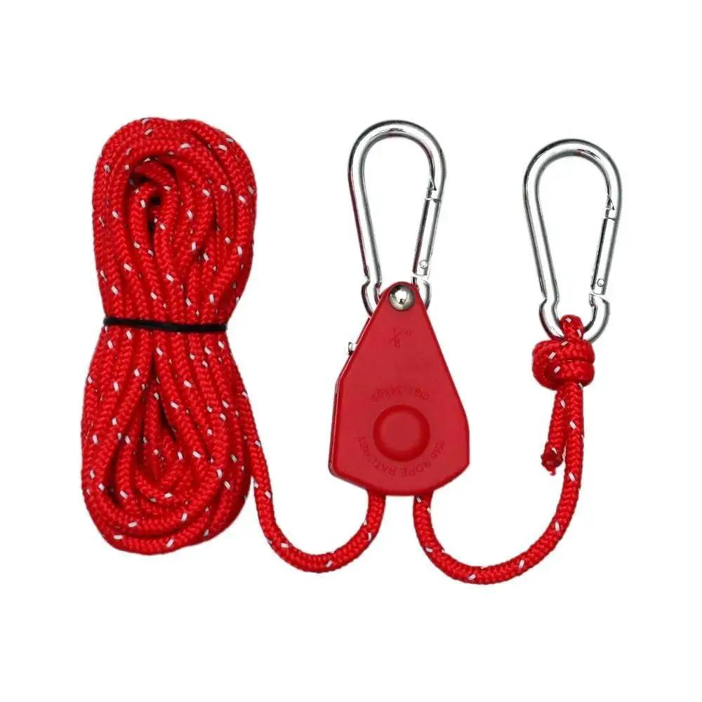 Stainless Steel Nylon Adjustable Rope Fastener With Fixed Buckle And Pulley For Awning Wind Ropes And Tent Ropes, red rope, carabiner clips