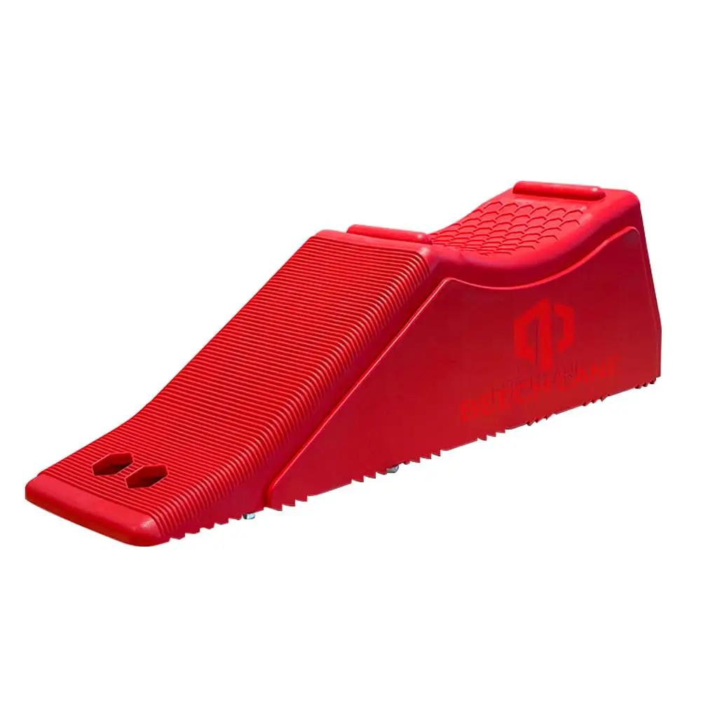 Red ramp, 5.5 inch lift, single piece, textured surface for traction, Rugged Five And A Half Inch Lift Trailer Ramp For Quick Tire Changes On Dual Axle Trailers, Engineered For Extra Traction And Durability, 15,000 Lb Rating, Essential RV Safety Tool From Beech Lane With Lifetime Warranty And USA Based Customer Service.