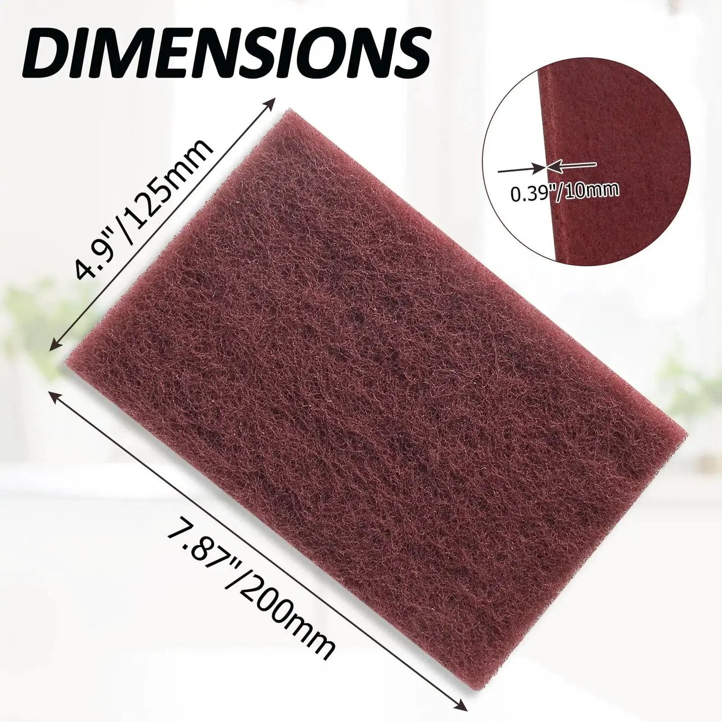 Six Pack Red Scuff Pads Very Fine Grade for Paint Prep and Finishing shown with dimensions 200x125mm and 10mm thickness