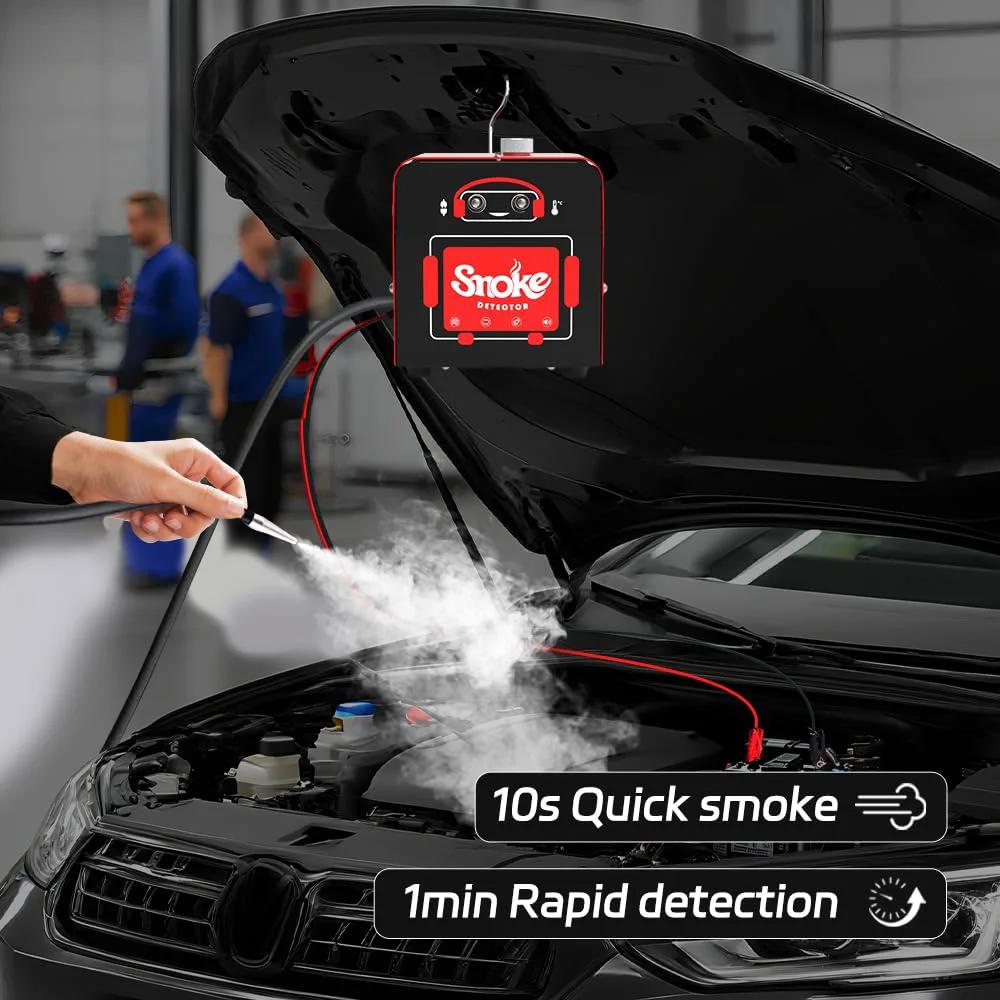 Professional Smoke Leak Tester Kit For EVAP And Vacuum Leaks In Auto Repair Shops And DIY Garages Quick And Accurate Diagnostics With SD101 Device Solary For Automotive Technicians Today, in use under a car hood to find leaks.