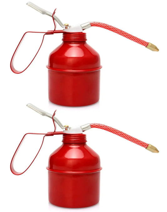 Red Powder Coated Steel Pistol Style Oil Can 12 Ounce 400 Ml With Flexible Tube Manual Pump Oiler 2 Pack For Tight Space Lubrication