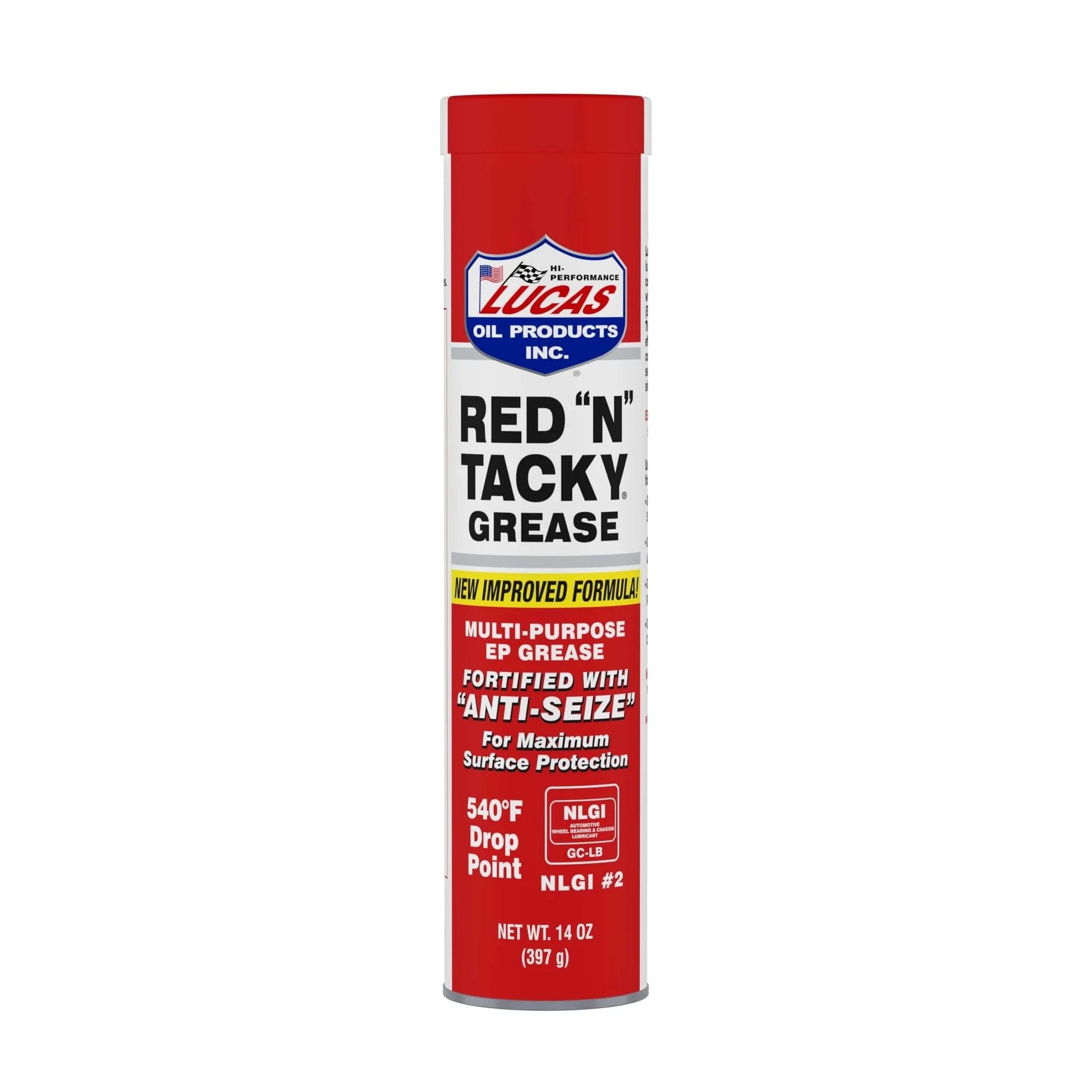 Front view of Lucas Oil 10005 Red 'N' Tacky Grease - 14 Ounce canister with label details visible.