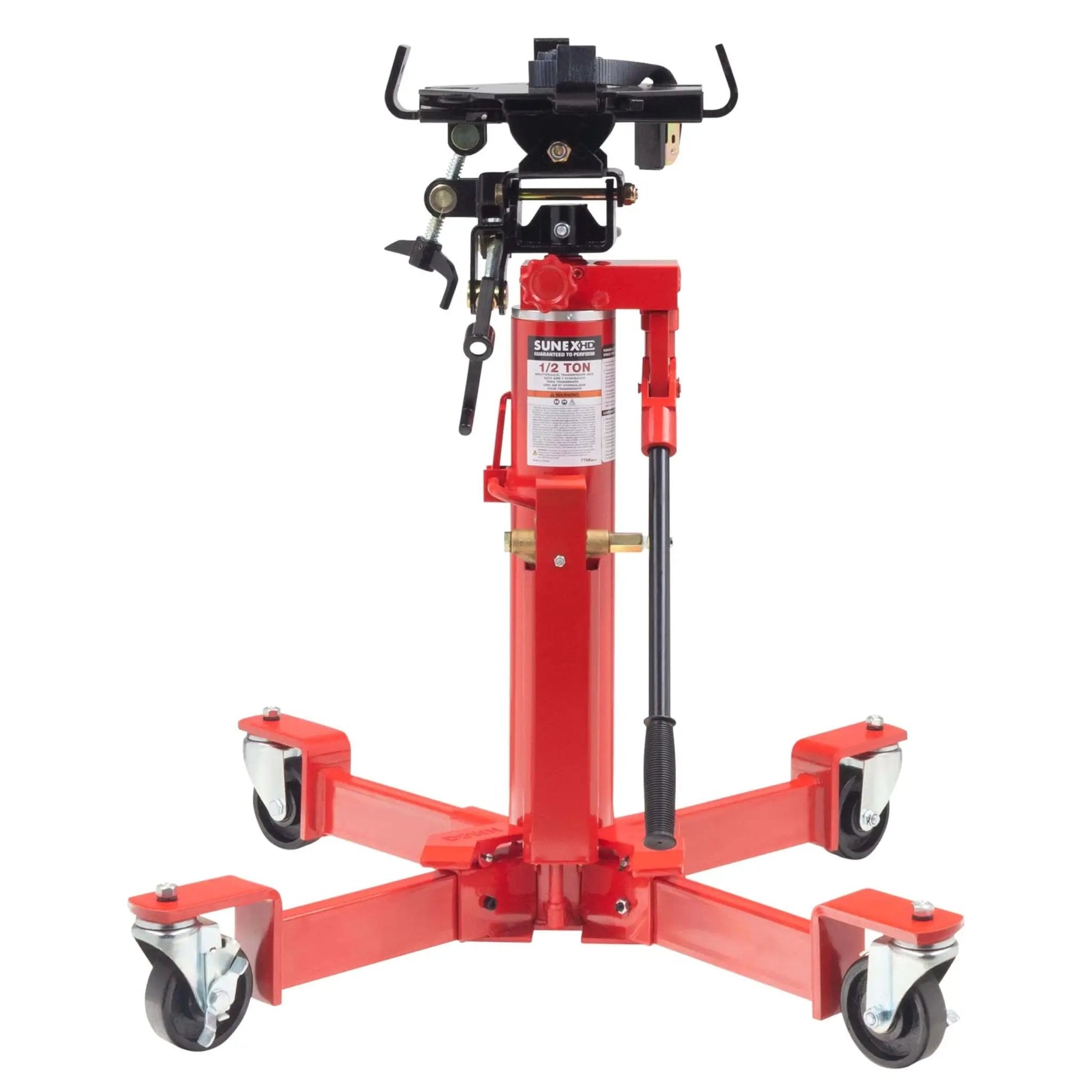 Front view of Beefy 1000 Lb Air And Hydraulic Telescoping Transmission Jack With Adjustable Saddle Arms, Model 7796
