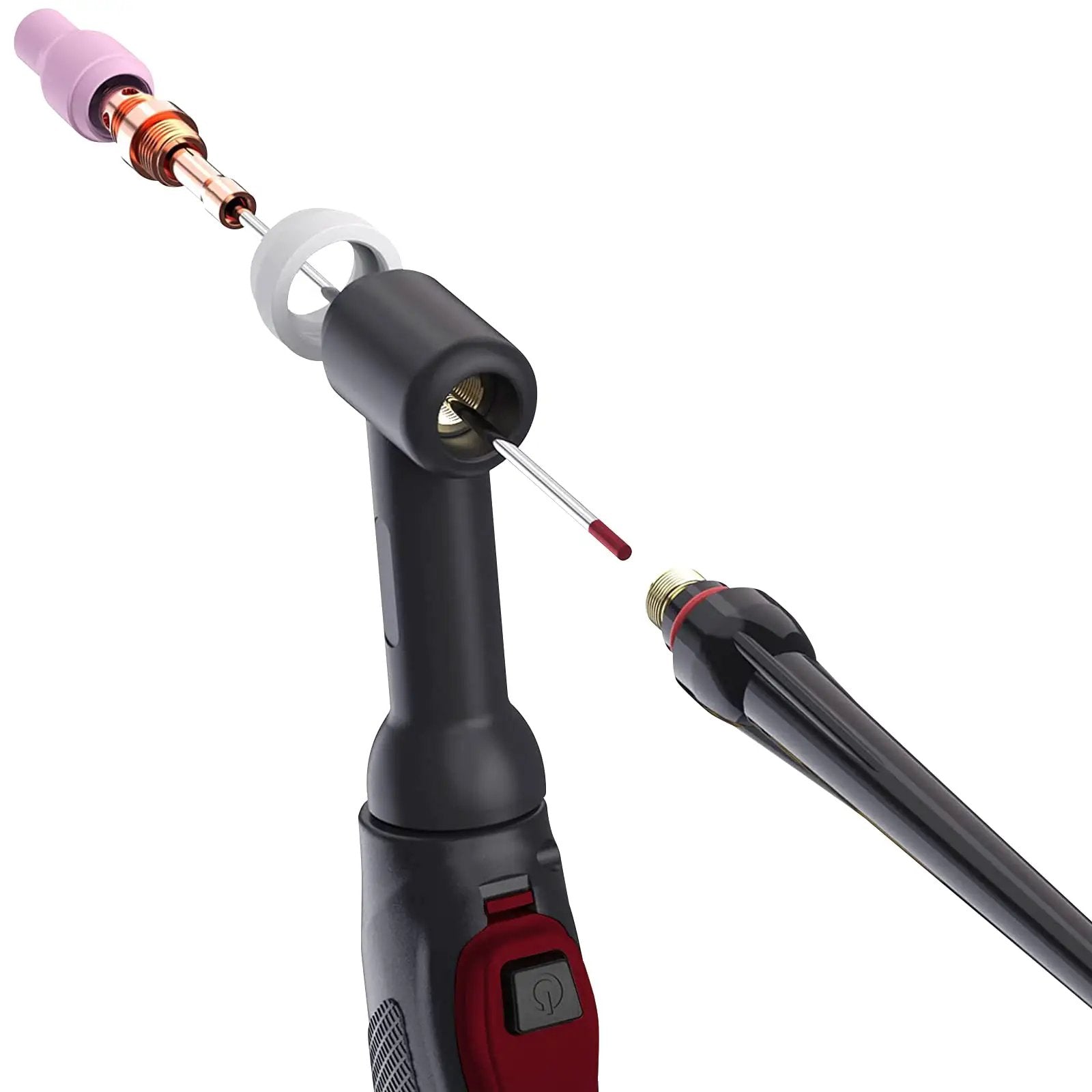 Close-up of Red 3 32nd Inch TIG Tungsten Electrodes 7 Inch with welding torch, WT20 EWth 2, ARCCAPTAIN, compliant for aluminum and steel.