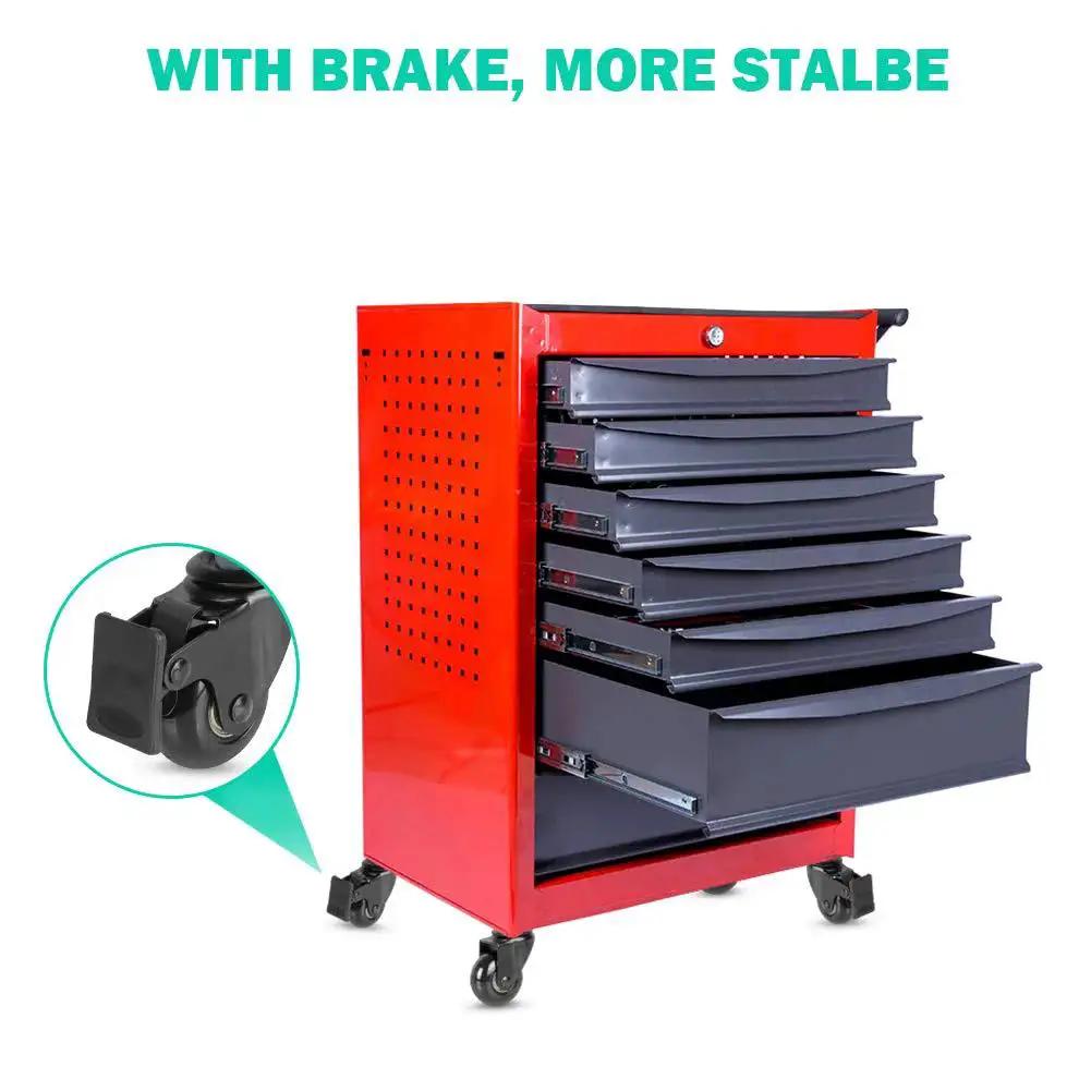 Red tool cabinet with six drawers on 2 Inch Swivel Caster Set With 3/8-16UNC Threaded Stem For Hardwood Tile And Carpet Floors, Includes 2 Brake Lock Casters And 3 Non Lock Casters, Heavy Duty Swivel Casters With Lock Nuts